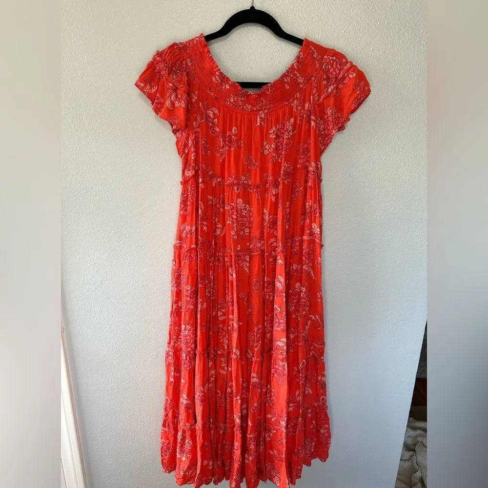 Free People Barclay Off the Shoulder Tiered Floral Print Ruffle Maxi Dress Sz M